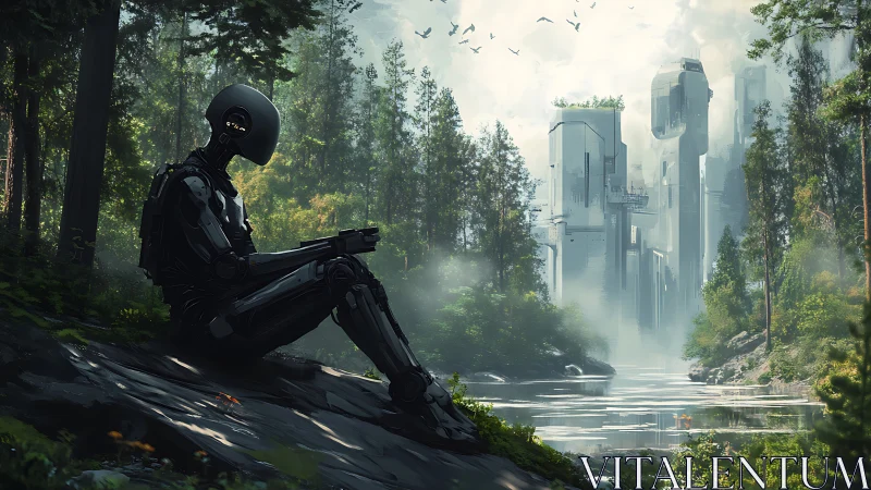 Solitary android contemplates river before misted megacity.