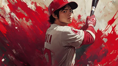 Storm of red and focus around a poised baseball hitter.