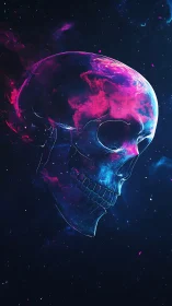 Translucent neon skull in deep space environment.