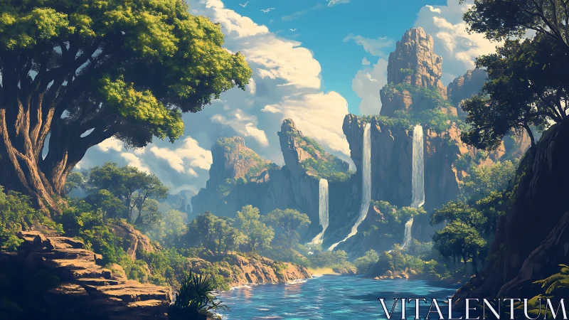 Sunlit waterfalls pour into a calm, dreamlike forest river