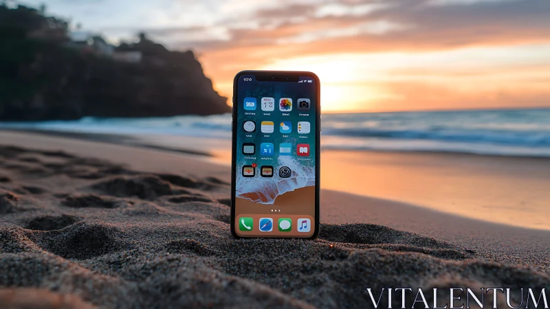 Smartphone resting on sandy beach during sunset with ocean backdrop.