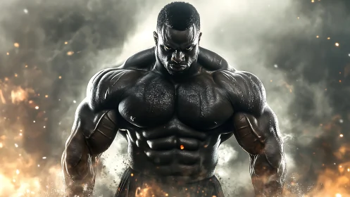 Powerful bodybuilder stands strong in a storm of glowing sparks