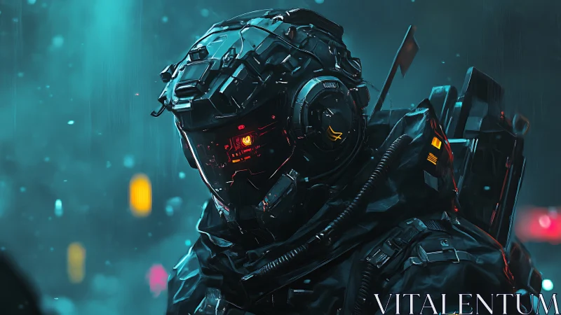 Armored cybernetic soldier in rain-lit neon urban environment