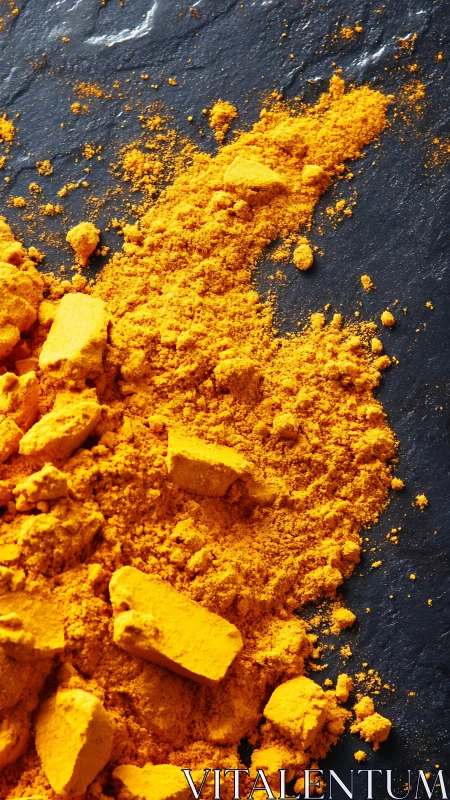 Ground yellow spice powder scattered on dark slate surface.