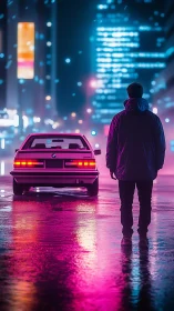 Neon-lit urban night scene with retro coupe and lone figure