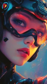 Cybernetic visor portrait in neon bicolor rim lighting closeup