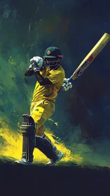 Cricket batsman swings through bold neon stadium energy
