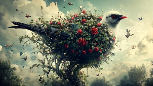 Hybrid bird-tree form integrates roses, branches, and sky context