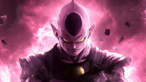 Pink-lit alien warrior stands in intense glowing energy field