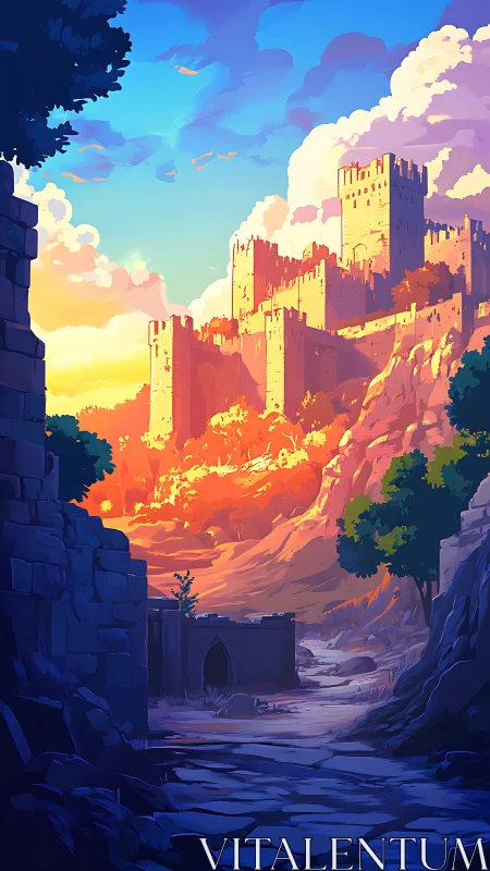 Sunlit mountain fortress rises above shadowed castle road