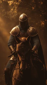 Armored knight rides through golden forest light in silence.