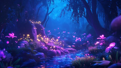 Bioluminescent forest stream with glowing plants at night.