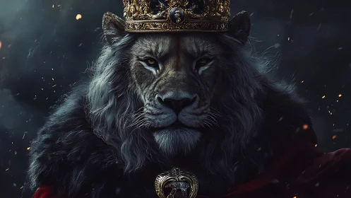 Regal leonine sovereign with baroque crown in low key lighting.