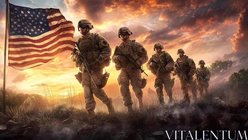 Group of armed soldiers walks past US flag at sunset