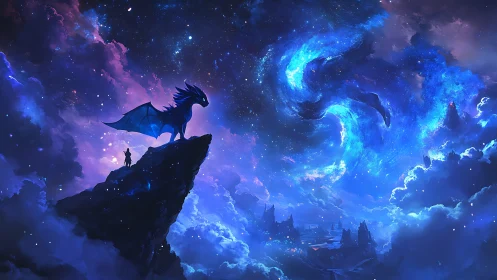 Stellar dragon and lone rider survey a swirling cosmic sky.