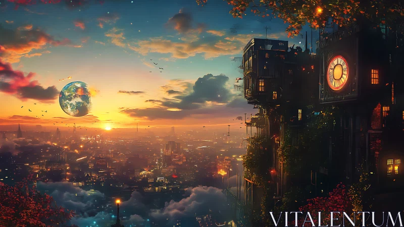 Dreamy sky city at sunset with glowing clocktower view.