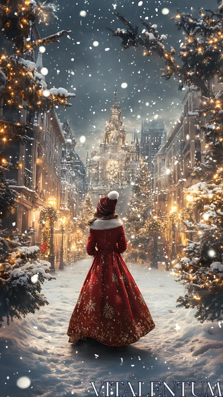 Figure in red coat stands on illuminated snowy street at night