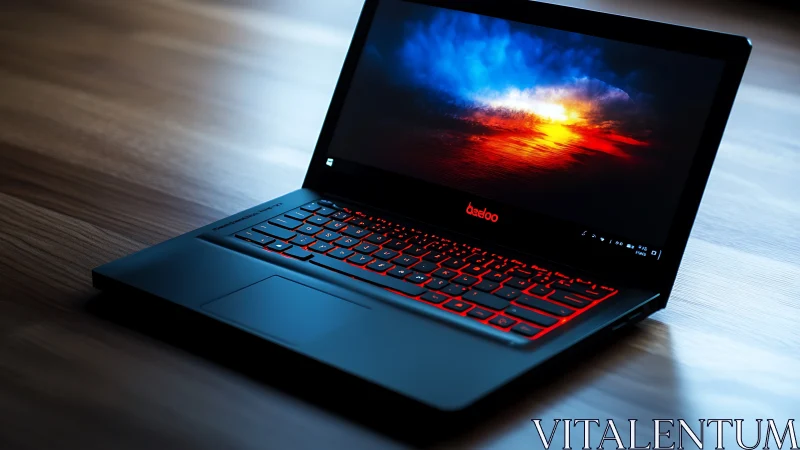 Midnight laptop glow cradles a burning digital sunset dream.