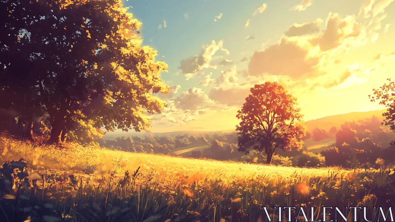 Sunlit rural field displays trees under low-angle evening light