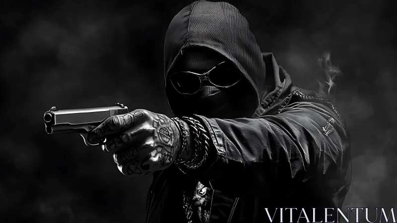 Shadowy masked figure holds a gun in stark monochrome tension