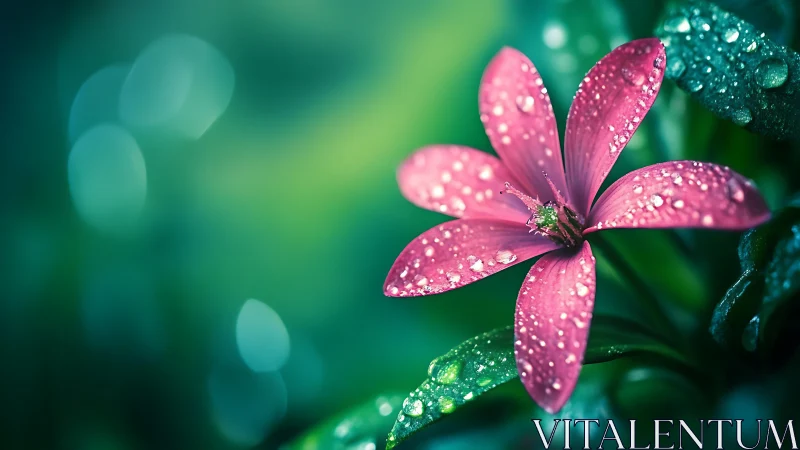Pink flower with water droplets photographed in shallow depth of field