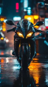 Rain-slick neon predator motorcycle waiting in electric hush.