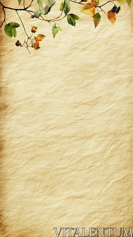 Autumn branch on textured beige paper background template.