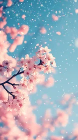 Pink cherry blossoms drift against turquoise sky.