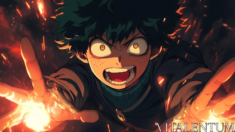 Fiery anime hero unleashes explosive power in a dark blaze