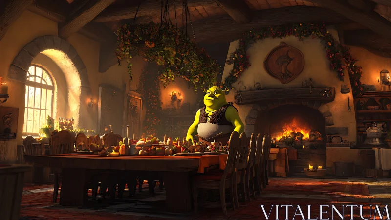 Ogre-hosted feast glows warmly in a rustic medieval hall