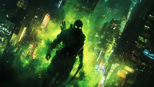 Hooded figure in green vapor within dense neon cityscape.
