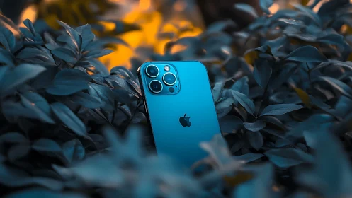 Blue smartphone positioned within foliage environment.