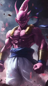 Pink muscular warrior under stormy sky in dynamic lighting.