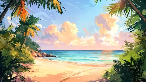 Tropical Paradise Beach at Golden Hour. Coastal Scene.