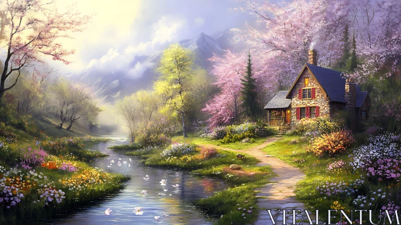 Stone cottage stands by reflective stream amid dense spring flora