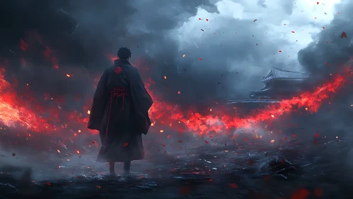 Lone warrior strides through swirling fire and storm clouds.