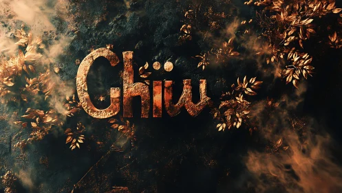 Rust-textured word on dark ground with scattered foliage.