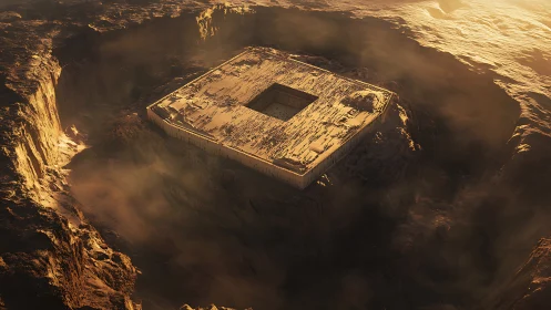 Monolithic square excavation temple in sunlit desert basin