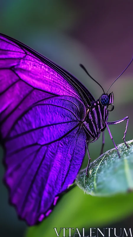 Macro study of purple butterfly resting on green leaf.