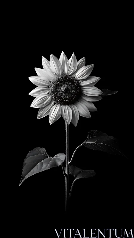 Monochrome sunflower stands in dramatic studio darkness