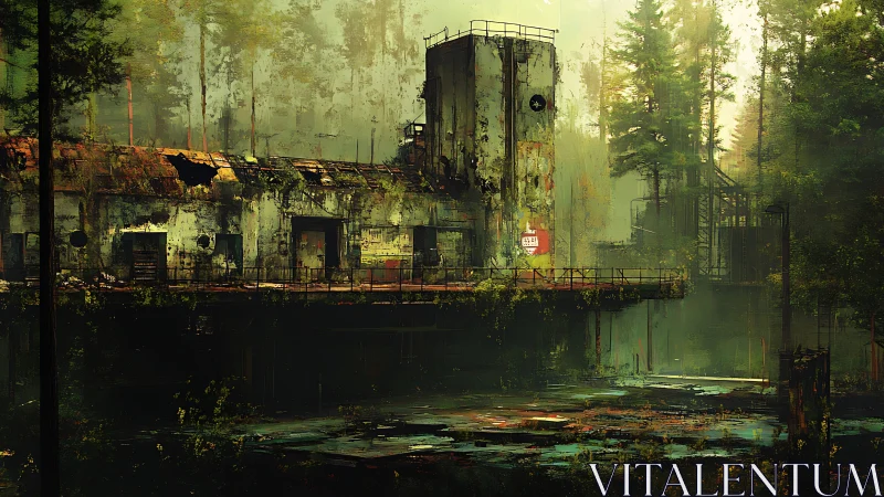 Decaying industrial facility within misty reclaimed forest.