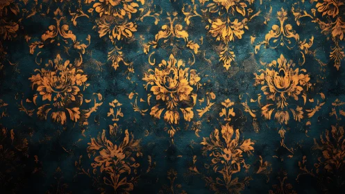 Ornate gold damask floral pattern on dark teal wall surface.