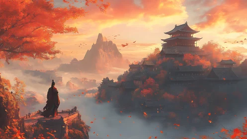 Solitary robed figure overlooks autumn mountain temple complex