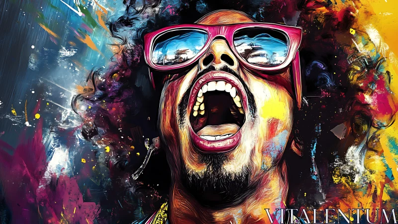 Colorful pop art portrait of man shouting in sunglasses.
