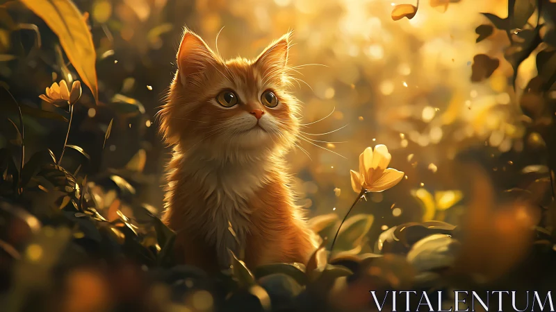 Golden hour ginger cat in sunlit garden with yellow flowers.