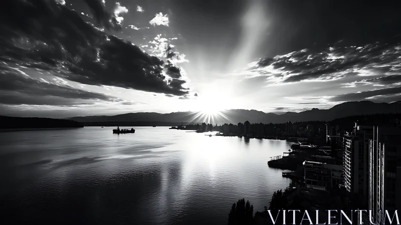 Gentle sunrise over calm harbor and silhouetted skyline.