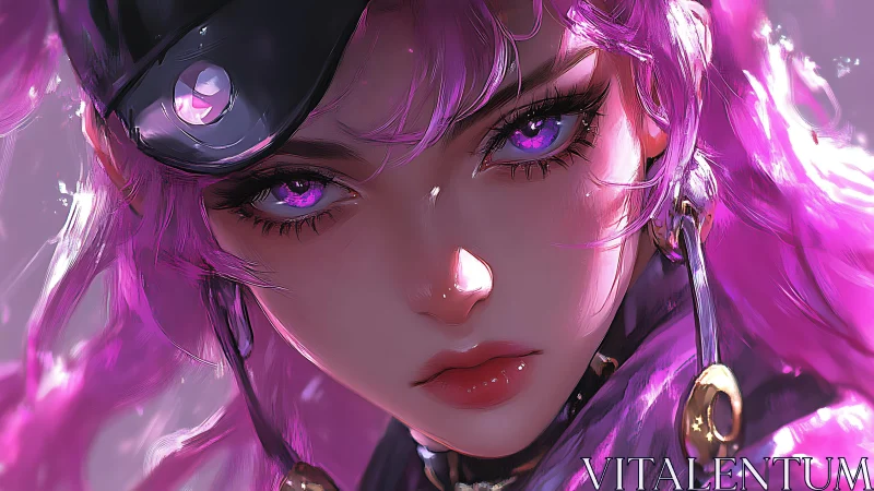 Electric gaze of the neon warrior with luminous violet eyes.