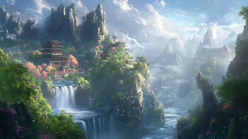 Vertical mountain-temple landscape in luminous fantasy rendering.