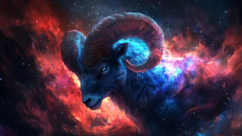 Ram head rendered in nebula-like cosmic background field.