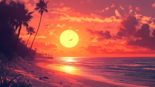 Neon tropical sunset over palm coast and glowing sea horizon.